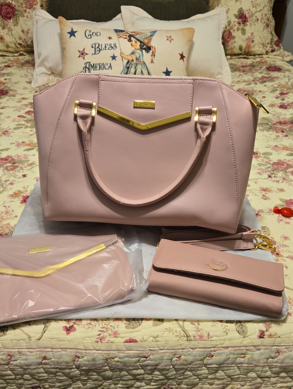 Joy And Iman Blush Pink Structured Satchel Handbag with Gold Trim